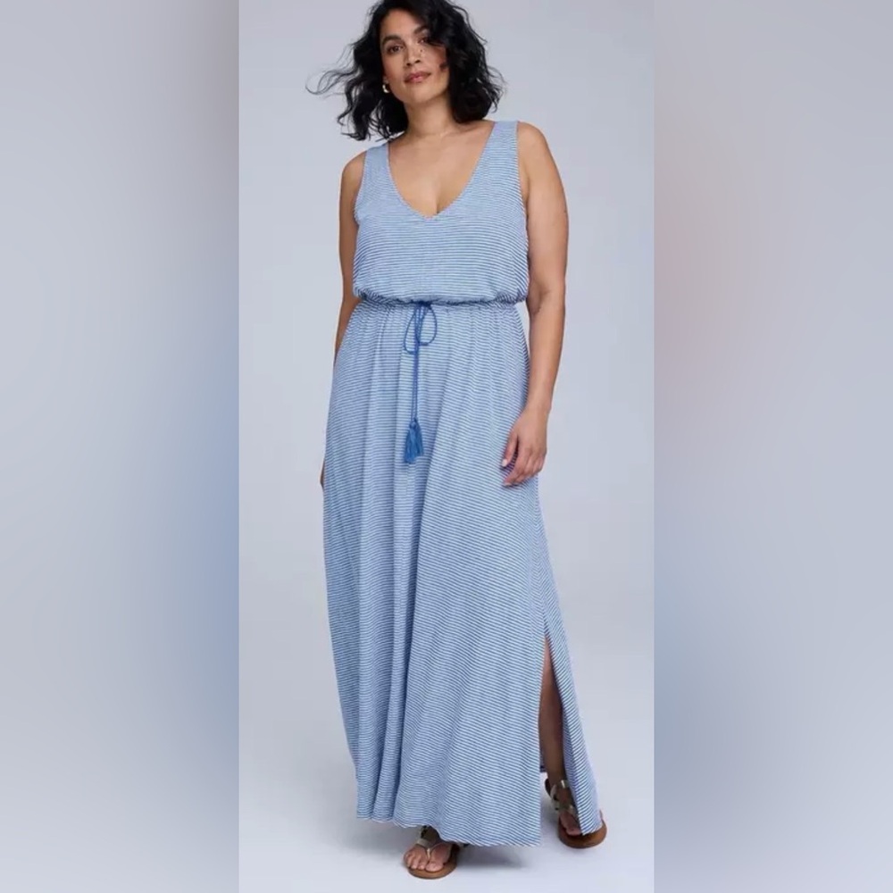 torrid Light Blue Striped V-Neck Maxi Dress with Tie Waist